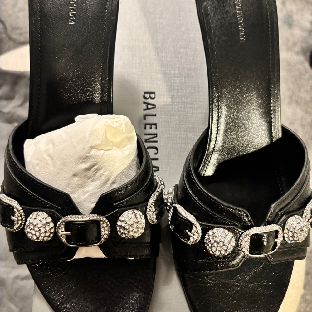 Balenciaga Black Mules with Rhinestone Accents